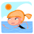 Pixelated cartoon icon of a blonde woman swimming in blue water with an orange sun and white cloud above, next to the word 'SWIMMING' in blue text.