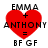 Four identical pixelated red heart icons with black text reading EMMA + ANTHONY = BF GF arranged in a on white background