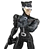 Pixelated figure in dark tactical suit with white accents, standing against gray background holding a long object.