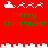 Red background with green "Merry Christmas!" text and white pixelated Santa sleighs and reindeer in two , separated by a white cityscape-like border