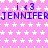 Pixelated pink background with white stars, repeating blue text 'JENNIFERJENNIFERJENNIFER' and 'i <3' in three , right edge partially cropped