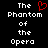 Pixelated text displays 'The Phantom of the Opera' with a red heart symbol replacing 'The' on the left side of a split-screen layout.