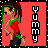 Pixel art of a character in a red and green outfit with 'YUMMY' text, showing animation changes in background and pose.