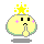Pixelated yellow character with pink cheeks and black eyes, shown in four states: two with closed mouths holding hands under chin, one with open mouth covering mouth, another with open mouth and hand near chest.