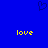 Blue background with a dark blue pixelated heart symbol at top center and two yellow 'love' texts below it.