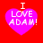 Four identical pixelated pink hearts on red background, each with white text "I LOVE ADAM!" above and inside the heart.