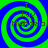 Four identical spiral patterns with blue and green concentric rings, each containing text elements.