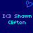 Blue pixelated heart symbol above repeated cyan text reading "I<3 Shawn Clifton" on dark blue background.