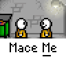 Animated contact sheet of a pixel art character performing actions with speech bubbles over repeated "Mace Me" text.