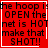 Red background with black text reading 'the hoop is OPEN the net is HOT make that SHOT!!' in four , each containing identical text and white border