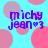 Pixelated text 'micky jean' with a heart symbol and number three appears over overlapping pink and purple circles on a cyan background.
