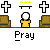 Pixel art of a yellow figure with white head praying before brown couches, showing text bubbles changing from 'MAY ALL...' to 'WHO DIED...', then 'REST', 'IN', 'PEACE', and 'AMEN'.