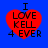 Four identical red heart-shaped icons with black text "I LOVE KELL 4 EVER" on a blue background, each with slight pixel variations.