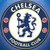 Circular Chelsea Football Club logo with blue lion, red roses, and text on blue background.