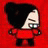Pixelated character with black hair and red clothing against red background, next to black with white text