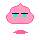 Pink pixelated cloud-shaped figure with black horizontal eyes and cyan tears, standing on a pink base against gray background.