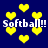 Yellow pixelated hearts float on a dark blue background with repeated white text reading "Softball!! Softball!!" in two horizontal bands.