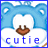 Pixelated blue bear head with white inner ears and snout, brown nose, and 'cutie' text below in varying shades of blue.
