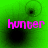 Green background with four black circular shapes and pink text reading 'hunter' in pixelated font across all frames.