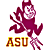 Pixelated purple cartoon character with bat-like ears, wide grin, and outstretched limbs above yellow-brown 'ASU' text on white background.