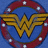 A pixelated image shows a Wonder Woman logo with a blue background, red border, and white stars, accompanied by pink text reading "Lizzie is my wonder woman.".