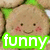 A pixelated cartoon character with a round beige face, small black eyes, pink cheeks, and a smiling mouth, overlaid with a bright green banner displaying the word 'funny' in white lowercase letters.