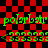 Green pixelated text and symbols on a red and black checkered background with visible distortion artifacts.