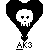 Black and white pixel art icon featuring a heart-shaped balloon with a skull face inside, labeled "AK3" at the bottom.