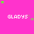 A bright pink background with repeated 'GLADYS' text in white pixelated font, scattered green and purple stars, and a gray rectangular overlay on the bottom right.