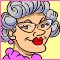 Pixelated cartoon of an elderly woman with gray curly hair, glasses, red lips, and pink earrings against a yellow background.