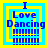 Blue text "I Love Dancing" with yellow and blue borders on a yellow background, featuring pixelated lines below the text.