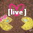 Animated icon with yellow cartoon characters, pink hearts, and text labels [live], [laugh], [eat] on a brown background.