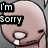 Pixelated cartoon head with light pink skin, black outline, and a small white tooth, displaying a speech bubble with 'I'm sorry' text.