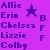 Pixelated purple background with five names in dark purple text, a star symbol, and three letters on the right side.