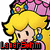 Pixelated character with blonde hair and pink crown, wearing blue earrings and pink dress, displaying text overlays.