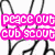 six colored text blocks displaying 'peace out' and 'cub scout' over a black line drawing background