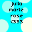 Pixelated text 'julia marie rose (333)' on a blue background with light blue and white circular shapes, displayed in two identical