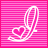 A pink striped background with white outlined heart shapes and stylized text elements in a