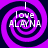 Four identical spiral patterns with purple and dark blue rings, each containing white text reading 'I love ALAYNA' in a pixelated font.