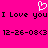 Pixelated pink background with white heart symbol above black text repeating "I Love you" and date-stamped emoticons.