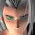 Pixelated close-up of a character's face with teal eyes, light skin, and dark hair, rendered in low-resolution digital art style.