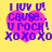 Yellow background with four identical pink heart-shaped icons containing purple text reading "I LUV U! CAUSE.. U ROCK! XOXO" arranged in a