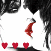 repeated black-and-white profile images with red lips, each showing a different heart symbol count above the head and below the face