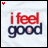 A 48x48 pixel animated buddy icon displaying the phrase "i feel good" with a red and dark blue color scheme, showing two distinct frame states in a contact sheet layout.