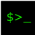 Green pixelated terminal prompt with dollar sign and right arrow on black background, featuring a blinking cursor.