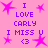 Pixelated pink background with purple text and magenta stars, displaying repeated phrases "I LOVE CARLY" and "I MISS U <3" in a
