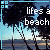 Pixelated beach scene with palm trees and ocean at sunset, featuring white text 'lifes a beach' over the landscape in two identical frames of an animated contact sheet.