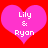 Two pink hearts on red background with white text 'Lily & Ryan' inside each heart.