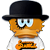 Pixelated character with orange face wearing black bowler hat and white shirt holding brown object.