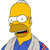Pixelated cartoon character with yellow skin, white eyes, and a blue shirt under gray overalls. The face shows an open mouth expression against a plain background.